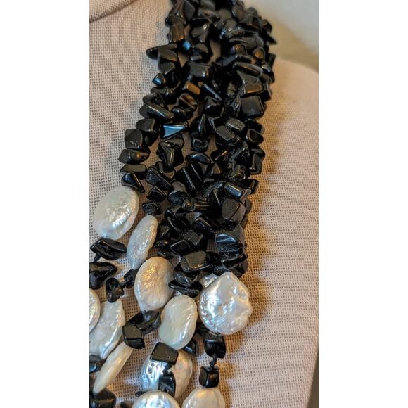Six Strand White Coin Pearl Black Onyx Chip Sterling Slide In Clasp Necklace - Picture 4 of 8